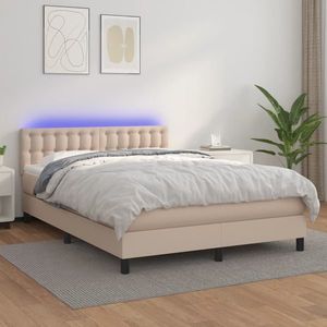 vidaXL Pat cu arcuri, cu saltea și LED cappuccino 140x190 cm piele eco imagine