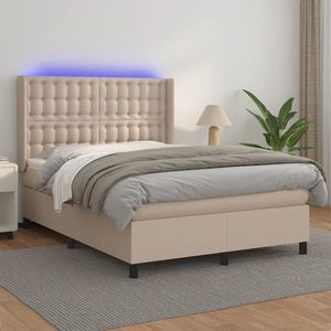 vidaXL Pat cu arcuri, cu saltea și LED cappuccino 140x190 cm piele eco imagine