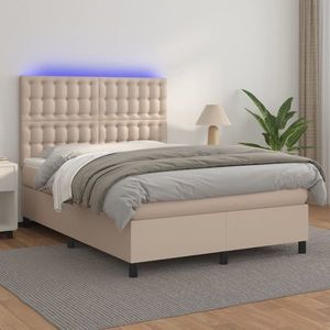 vidaXL Pat cu arcuri, cu saltea și LED cappuccino 140x190 cm piele eco imagine