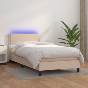 vidaXL Pat cu arcuri, cu saltea și LED, cappuccino 90x200 cm piele eco imagine