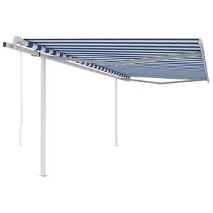 vidaXL Copertină retractabilă automat, cu stâlpi, albastru&alb, 4x3 m imagine