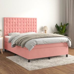 vidaXL Pat box spring cu saltea, roz, 140x190 cm, catifea imagine