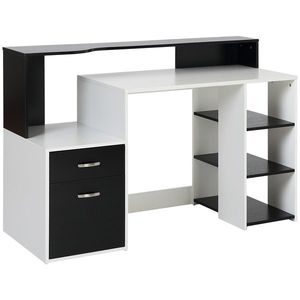 HOMCOM Masa de Birou Moderna pentru Computator cu Rafturi din Lemn MDF Alb si Negru 140x55x92cm | Aosom Romania imagine