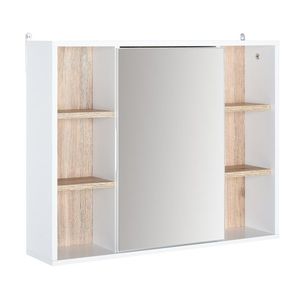 HOMCOM Dulap cu Oglinda din MDF si PAL, Dulap de Baie cu 3 Rafturi Laterale si Raft Interior Reglabil, 60x14.5x49.4 cm, Alb si Lemn Natur | Aosom RO imagine