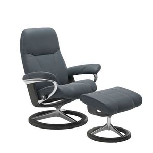 Fotoliu recliner cu taburet Stressless Consul Signature M cadru Grey tapiterie piele Batik Atlantic Blue imagine