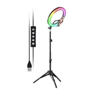 RGB Selfie Ring multicolor 26cm, cu tripod 2.1m, cu suport de telefon, alimentare Usb imagine