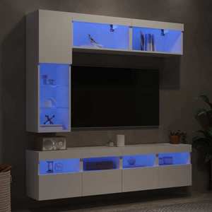 vidaXL Set comode TV de perete, 7 piese, cu lumini LED, alb imagine