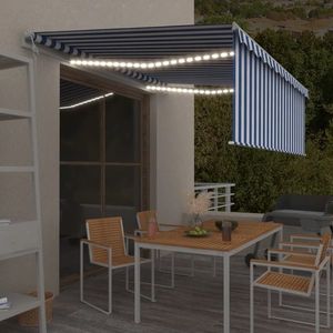 vidaXL Copertină automată cu stor&senzor vânt&LED, albastru&alb, 4x3 m imagine