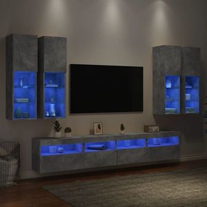 vidaXL Set comode TV de perete cu lumini LED, 7 piese, gri beton imagine