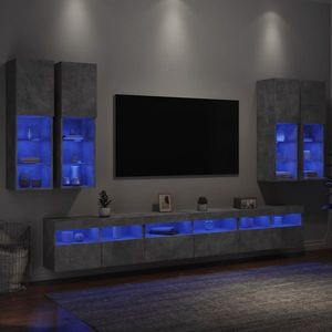 vidaXL Set comode TV de perete cu lumini LED, 7 piese, gri beton imagine