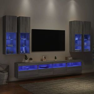 vidaXL Comode TV de perete cu lumini LED, 7 piese, gri sonoma imagine