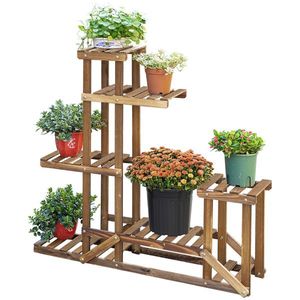 Outsunny Raft pentru Plante si Flori pe 6 Nivele Asimetric, Jardiniera Verticala din Lemn pentru Gradina si Casa, Culoare Natur | Aosom Romania imagine