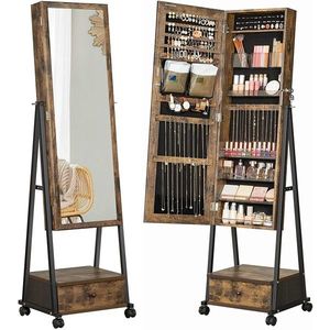 Cabinet bijuterii cu oglinda, Vasagle, 41.5 x 37 x 152.5 cm, MDF/otel, maro rustic imagine