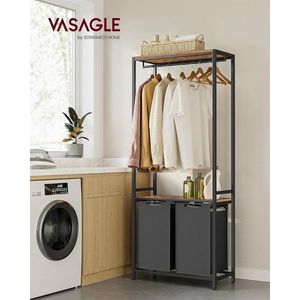 Cos de rufe cu 2 compartimente, 2 rafturi suspendate si bara umerase, Vasagle, 2 x 46 L, 73x33x177 cm, PAL/otel, maro rustic imagine