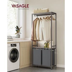 Cos de rufe cu 2 compartimente, 2 rafturi suspendate si bara umerase, Vasagle, 2 x 46 L, 73x33x177 cm, PAL/otel, gri imagine