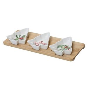 Set pentru servire gustari 4 piese Christmas Tree, Decoris, 33x11.7x3.5 cm, portelan/bambus imagine