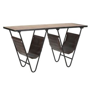 Masuta living cu suport reviste Mauro Ferretti, 120 x 43 x 62.5 cm, lemn de brad/fier/piele ecologica, negru/maro imagine