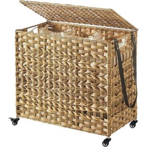 Cos de rufe tesut manual cu 3 compartimente si roti, Vasagle, 140 L, 66x36x60 cm, poliratan/metal/bumbac, natural imagine