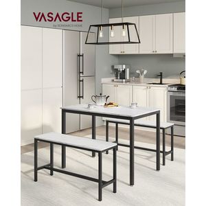 Set masa dining si 2 banci Vasagle, 110x70x75 cm/97x30x50 cm, PAL/otel, alb marmorat/negru imagine