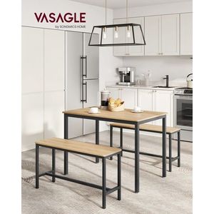 Set masa dining si 2 banci Vasagle, 110x70x75 cm/97x30x50 cm, PAL/otel, stejar auriu/negru imagine