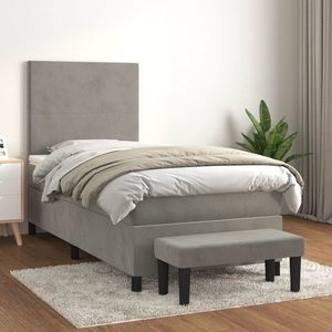 vidaXL Pat box spring cu saltea, gri deschis, 90x200 cm, catifea imagine