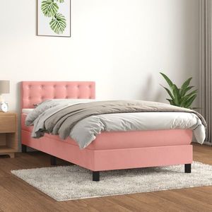 vidaXL Pat box spring cu saltea, roz, 90x200 cm, catifea imagine