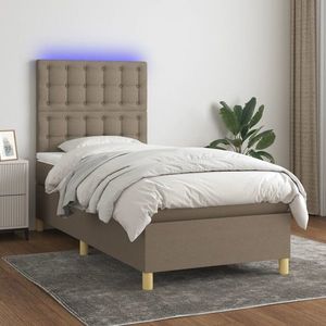 vidaXL Pat cu arcuri, saltea și LED, gri taupe, 90x200 cm, textil imagine