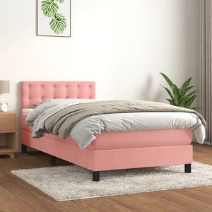 vidaXL Pat box spring cu saltea, roz, 90x190 cm, catifea imagine