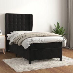 vidaXL Pat box spring cu saltea, negru, 90x200 cm, catifea imagine