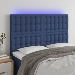 vidaXL Tăblie de pat cu LED, albastru, 144x5x118/128 cm, textil imagine