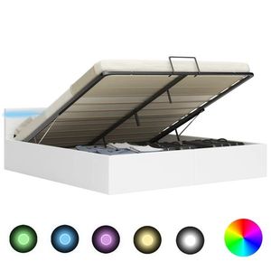 vidaXL Cadru pat hidraulic cu ladă LED alb 160x200 cm, piele ecologică imagine