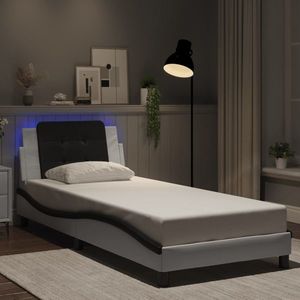 vidaXL Cadru de pat cu lumini LED alb/negru 90x200 cm piele ecologică imagine