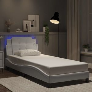 vidaXL Cadru de pat cu lumini LED, alb, 90x190 cm, piele ecologică imagine