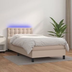 vidaXL Pat cu arcuri, cu saltea și LED cappuccino 90x190 cm, piele eco imagine