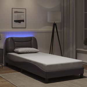 vidaXL Cadru de pat cu lumini LED, gri, 90x190 cm, piele ecologică imagine