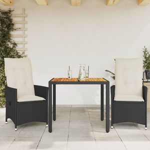 vidaXL Set bistro cu perne, 3 piese, negru, poliratan și acacia imagine