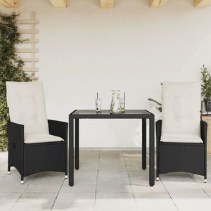 vidaXL Set bistro cu perne, 3 piese, negru, poliratan imagine