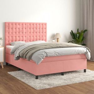 vidaXL Pat box spring cu saltea, roz, 140x200 cm, catifea imagine