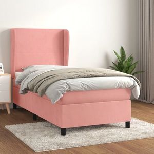 vidaXL Pat box spring cu saltea, roz, 90x190 cm, catifea imagine