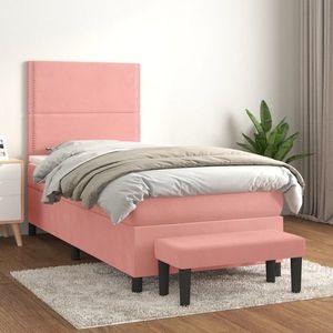 vidaXL Pat box spring cu saltea, roz, 90x190 cm, catifea imagine