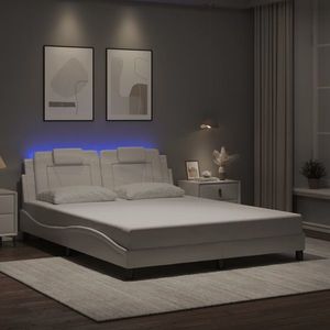 vidaXL Cadru de pat cu lumini LED, alb, 160x200 cm, piele ecologică imagine