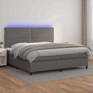 vidaXL Pat cu arcuri, saltea și LED, gri, 200x200 cm, piele ecologică imagine