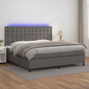 vidaXL Pat cu arcuri, saltea și LED, gri, 200x200 cm, piele ecologică imagine