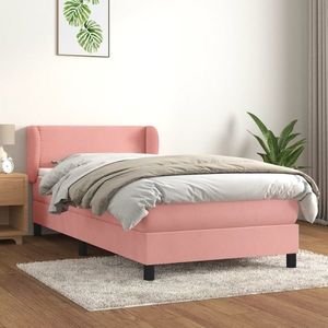 vidaXL Pat box spring cu saltea, roz, 90x190 cm, catifea imagine