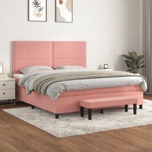 vidaXL Pat box spring cu saltea, roz, 160x200 cm, catifea imagine