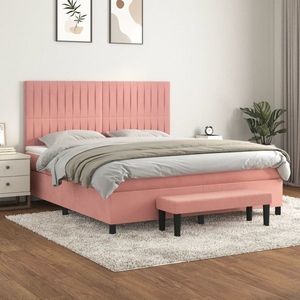 vidaXL Pat box spring cu saltea, roz, 160x200 cm, catifea imagine