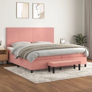 vidaXL Pat box spring cu saltea, roz, 200x200 cm, catifea imagine