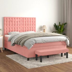 vidaXL Pat box spring cu saltea, roz, 140x200 cm, catifea imagine