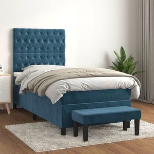 vidaXL Pat box spring cu saltea, albastru închis, 90x190 cm, catifea imagine