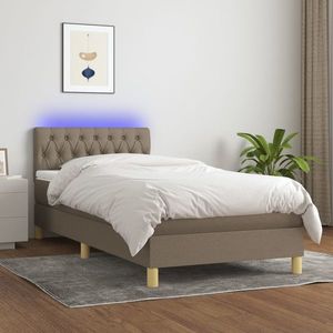 vidaXL Pat cu arcuri, saltea și LED, gri taupe, 90x190 cm, textil imagine